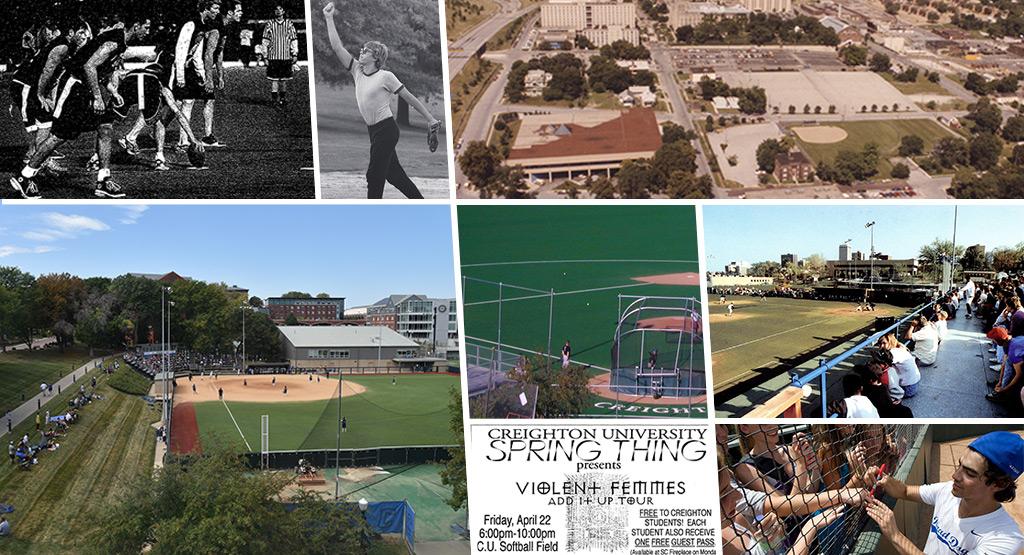 A collage of photos of a field on campus