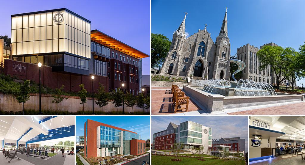 A collection of photos of new buildings and revamped spaces on Creighton's campus