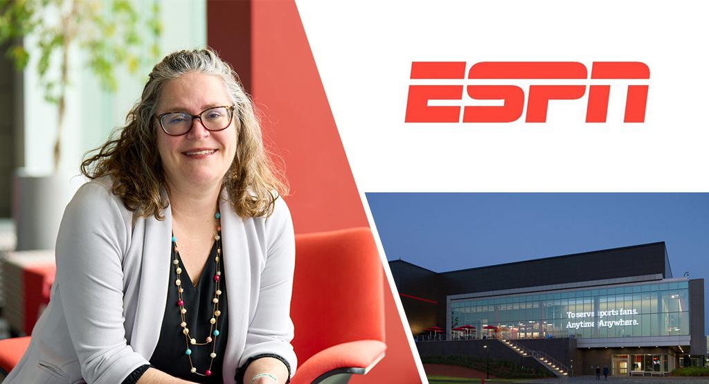 A woman smiles in a photo graphic