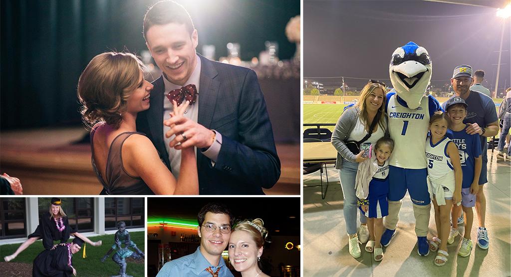 A collage of three photos of couples and one photo of a family posing with a mascot