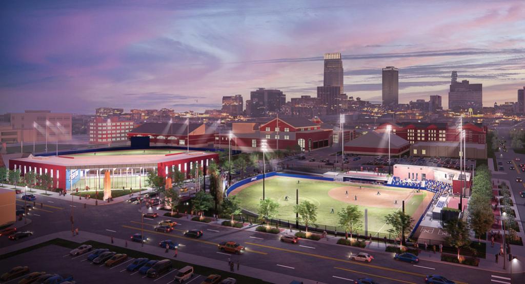 A rendering of the new baseball and softball fields as seen from Cuming Street.