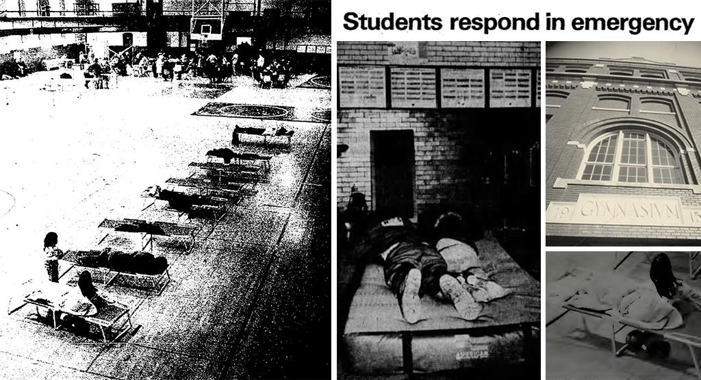 A collage of photos of beds and cots set up in a gymnasium 