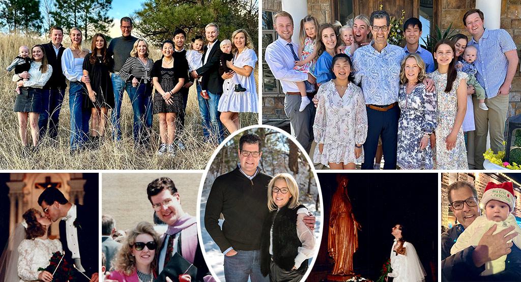A collage of photos featuring a couple and their family