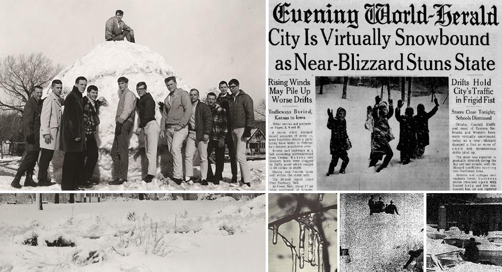 A collage of photos from a 1965 snowstorm