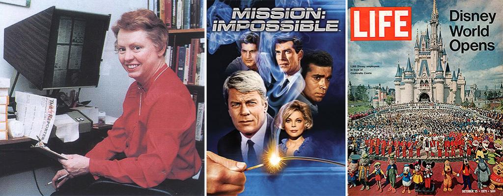 Eileen Brady, plus images of the Mission: Impossible TV series and Disney World