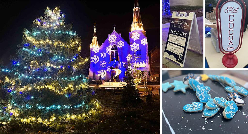 Photo collage of a christmas tree, cookies and signage