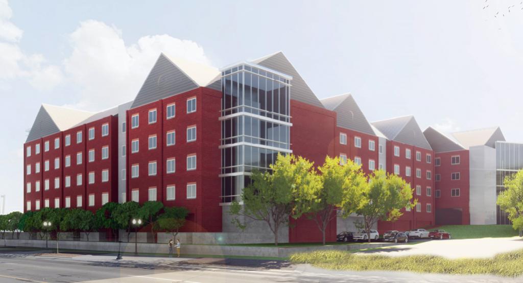 Rendering of sophomore residence hall. Holland Basham Architects