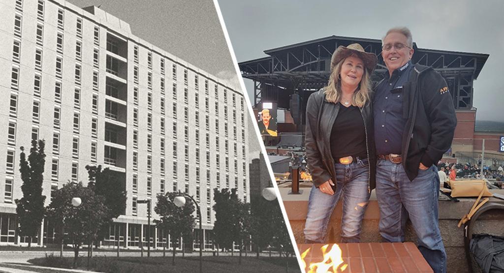 An old photo of a dorm and a photo of a couple