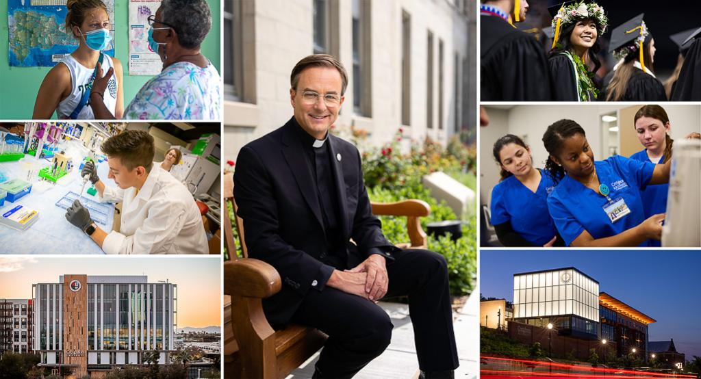 Image of Fr. Hendrickson alongside images of students and campus.
