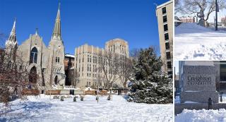 Three photos of a campus under snow