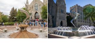 Side-by-side images of the St. John's Plaza and Fountain in 2023 and 2024