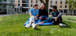 Students study on the grass.