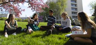 students on Creighton campus sitting in lawn and talking