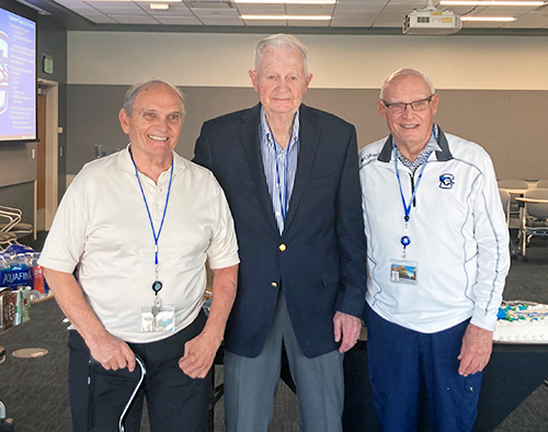Bill (center) with Ted Bolamperti, DDS&rsquo;65 (left), and Bruce Mowat, DDS.