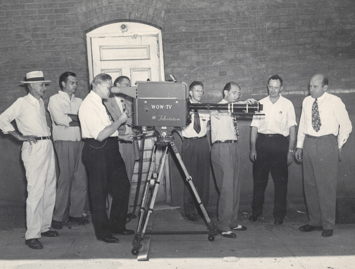 WOW-TV staff demonstrate their new gear at Creighton in 1947.