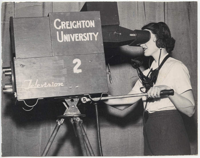 A student rehearses for Creighton's TV program in 1953.