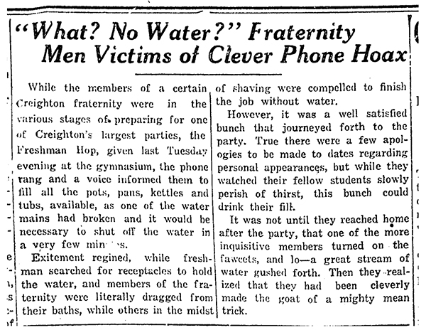 Image of Creightonian water prank headline