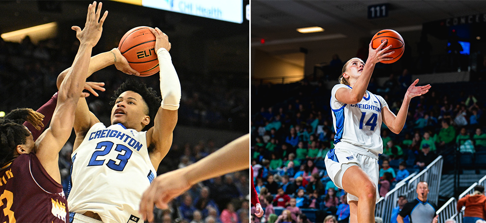 Men's and women's basketball players take a shot.