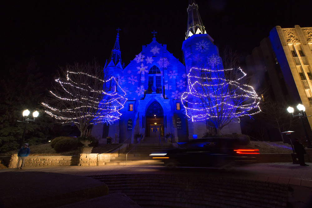 St. John's lit up in blue for Christmas.