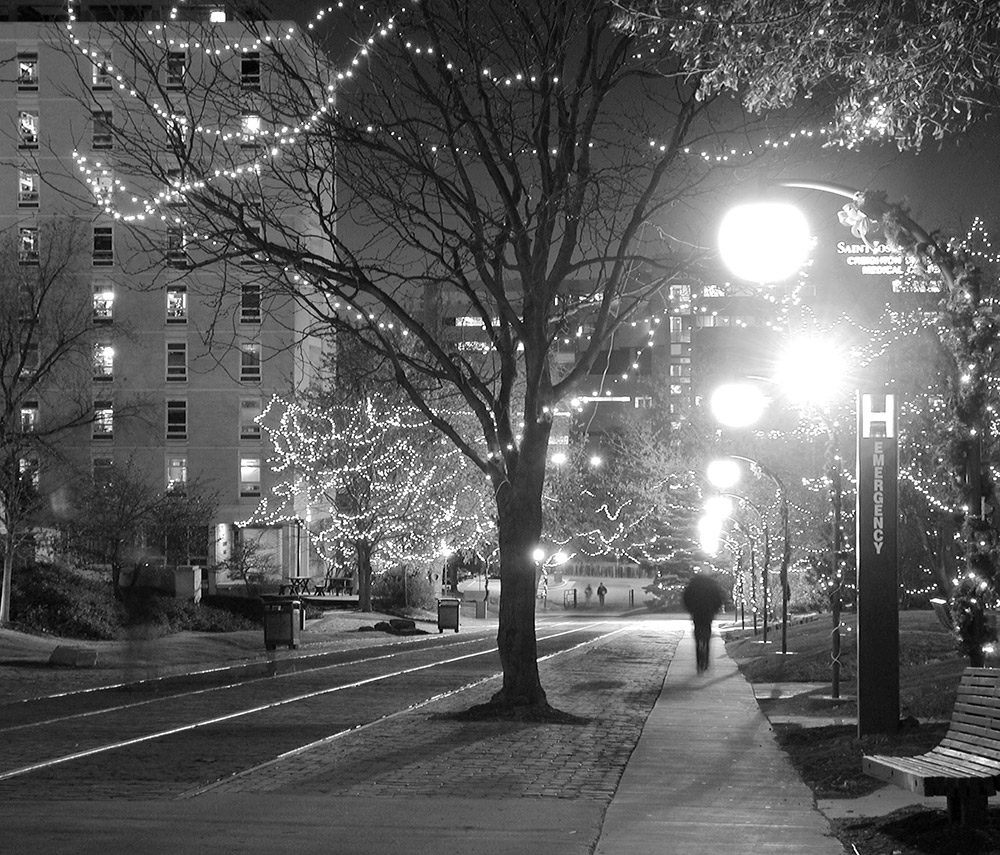 Creighton decorated like Christmas.