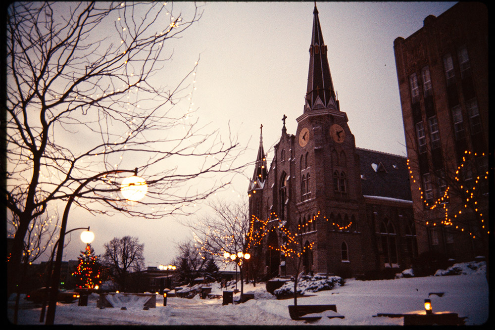 Creighton decorated like Christmas.